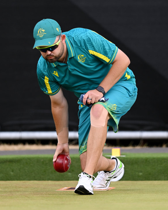 Aaron Wilson in action at the lawn bowls.