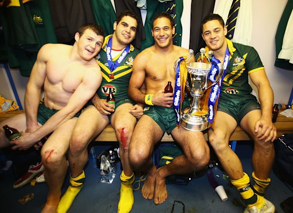 The Hayne Plane: Jarryd Hayne celebrates winning the 2009 Four Nations in Leeds with Kangaroos teammates Brett Morris, Greg Inglis and Justin Hodges.