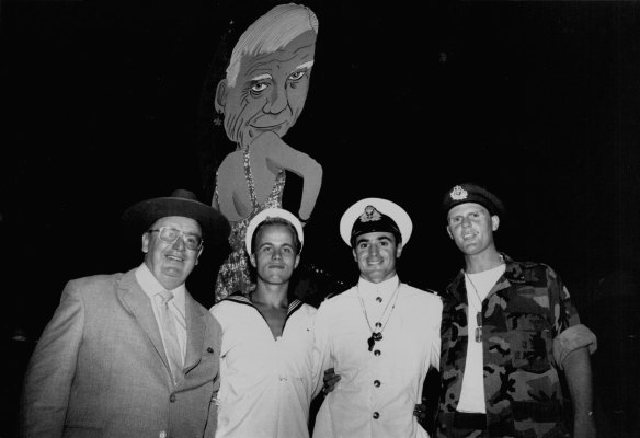 A five-metre effigy of Victorian RSL president Bruce Ruxton looms above the Veterans Against Discrimination.