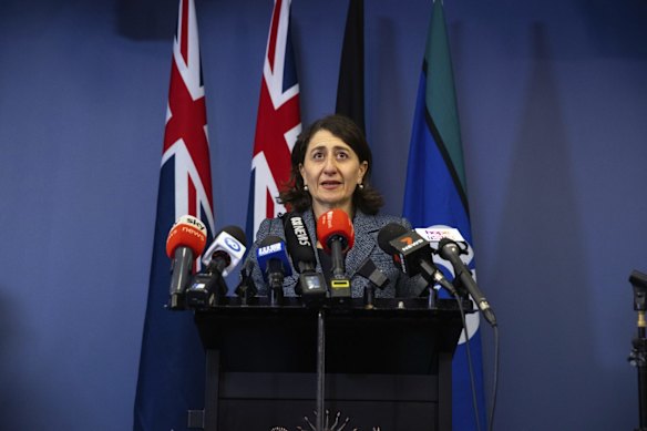 Gladys Berejiklian announces at Martin Place, Sydney, she will be resigning as NSW Premier and from the NSW Parliament due to an investigation by the ICAC. October 1, 2021.