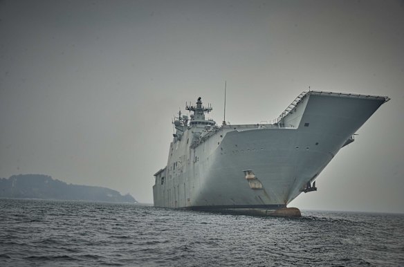 HMAS Adelaide, in Twofold Bay in Eden on January 8, 2020. 