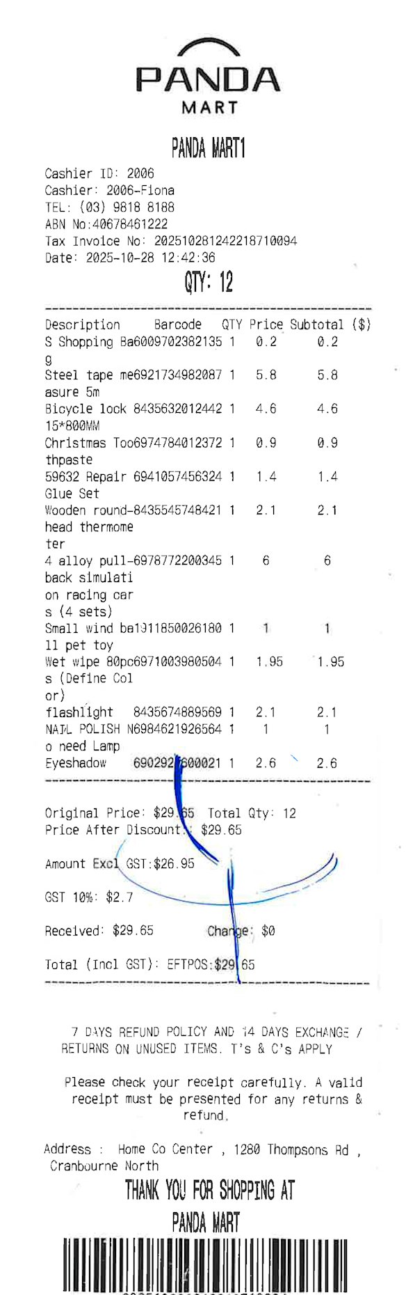 Receipt for 11 items from discount retailer Panda Mart.