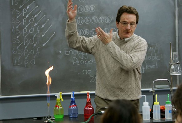 Humble chemistry teacher Walter White in class during the pilot episode of <i>Breaking Bad</i>.