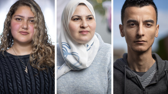 Yasmin Sabawi (left), Smaher Alalawi and Karam Ismail are Gazans now living in Melbourne.