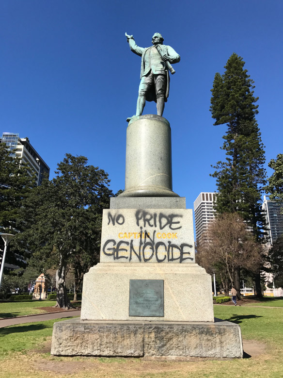 A statue of Captain Cook in Hyde Park was painted with the words "Change the date" and "No pride in genocide" last year.
