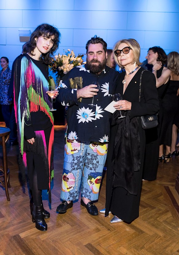 Romance Was Born designers Luke Sales and Anna Plunkett (L) mingling with fellow designer, Carla Zampatti (R) at David Jones.