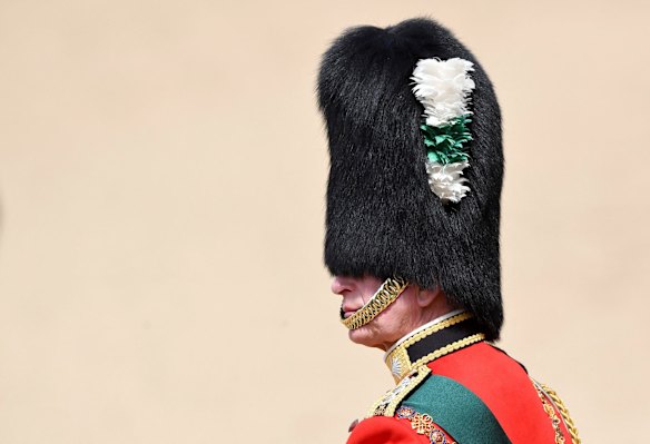 Prince Charles, Prince of Wales, in his role as Colonel of the Welsh Guards, takes part in the Trooping the Colour.