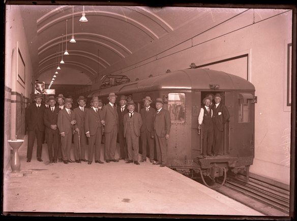 First train underground at Wynyard Station. Date unknown. 
