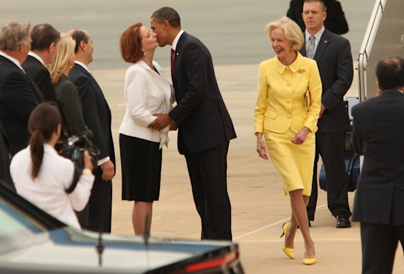 President of the United States Barack Obama arrives at Defence Establishment Fairbairn in Canberra, and is met by the Prime Minister Julia Gillard and Governor General Quentin Bryce.
