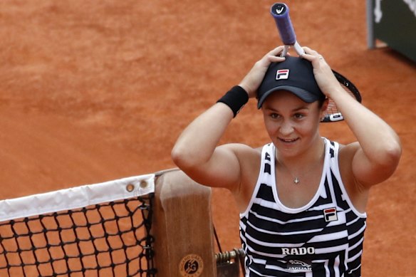 Barty celebrates winning the French Open tennis tournament against Marketa Vondrousova of the Czech Republic in two sets 6-1, 6-3, at the Roland Garros stadium in Paris in 2019. That win sent her to the number one ranking in the world.