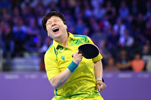 Jian Fang Lay of Team Australia reacts during the Women's Team Bronze medal singles match between Team Australia and Team Wales on day four of the Birmingham 2022 Commonwealth Games at NEC Arena on August 01, 2022 on the Birmingham, England. (Photo by Alex Davidson/Getty Images)