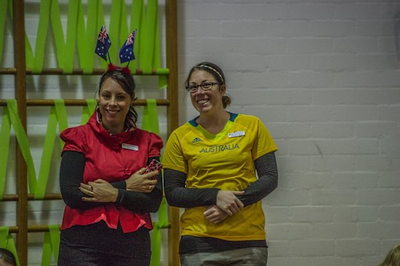 Giralang Primary school. The school where Olympic 400 meter hurdler teaches excitedly watches her compete in the semi-final event at the Rio Olympic games. Teaching colleagues Lisa Ison (left) and Meredith Wells, also her sister-in-law, show their unwavering support.