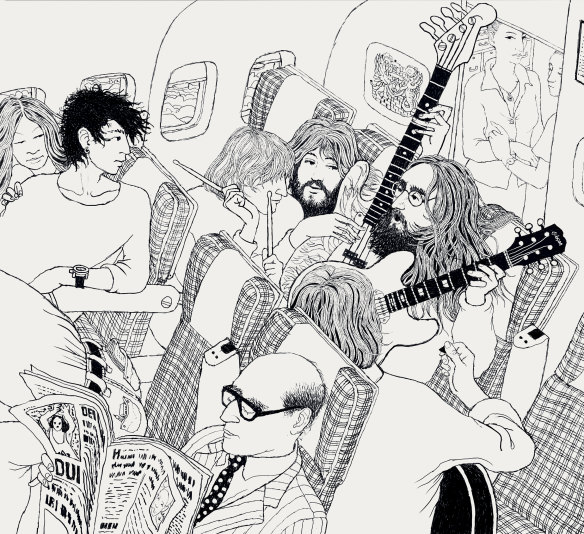 Yoko, Dan Richter (assistant), Alan White (drums), Klaus Voormann (bass), Eric Clapton (guitar) and John (guitar) rehearsing for the first time on board the plane to Toronto.