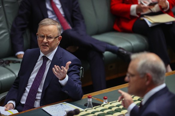 Opposition Leader Anthony Albanese reacts to Prime Minister Scott Morrison during question time on May 26.