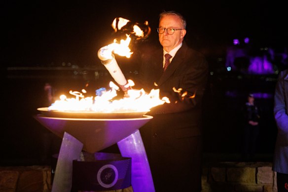 Australian Prime Minister Anthony Albanese during the lighting of the Commonwealth beacon in Canberra to coincide with the Platinum Jubilee celebrations.