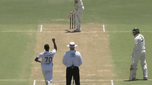 West Indies paceman Shamar Joseph dismisses Cricket Australia XI batsman Teague Wyllie.