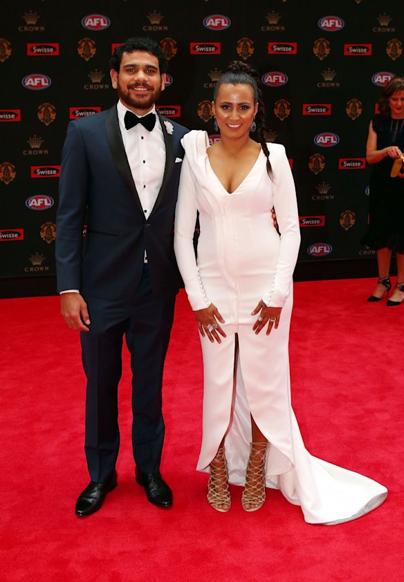 Cyril Rioli of the Hawthorn Hawks and Shannyn Rioli pose on the red carpet ahead of the 2016 AFL Brownlow Medal count at Crown Palladium on September 26, 2016 in Melbourne, Australia.