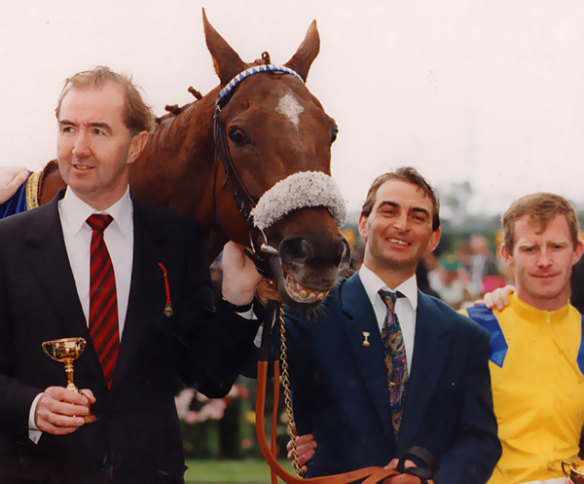 Trainer Dermot Weld, left, and jockey Michael Kinnane with Vintage Crop in 1993, the first international traveller to win the Melbourne Cup.