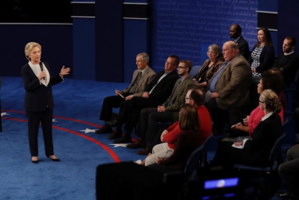Democratic presidential nominee Hillary Clinton speaks during the second presidential debate with Republican presidential nominee Donald Trump.