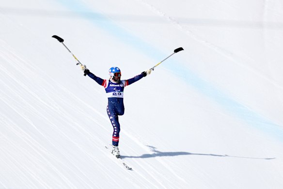 Halgren celebrated even after crashing on the first day of competition in the men’s downhill standing final. 