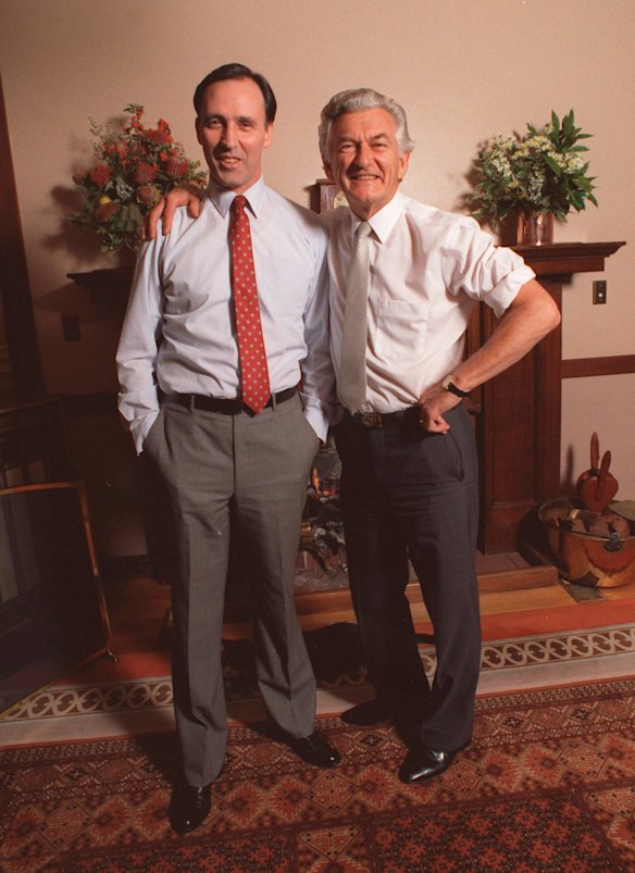 Best of friends - Paul Keating and Bob Hawke posed for The Sunday Age in 1989 despite simmering tensions and a secret leadership handover deal. 