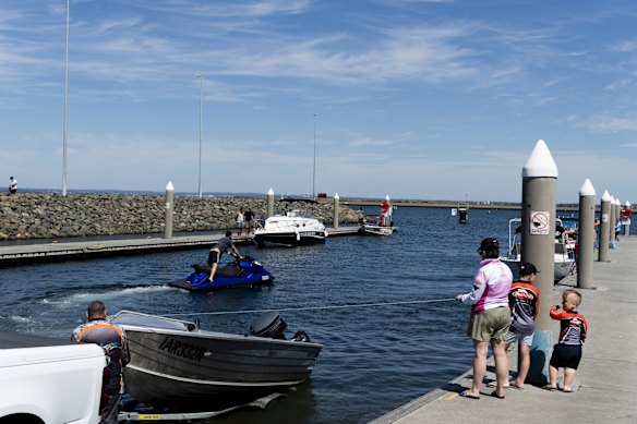 Port Botany Boat Ramp is busy with people enjoying the warmer weather on the long weekend.