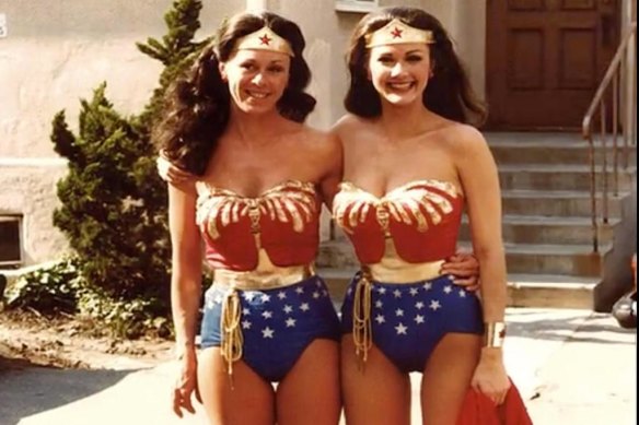 Jeannie Epper, left, as Lynda Carter’s stunt double on the 1970s series <i>Wonder Woman</i>.
