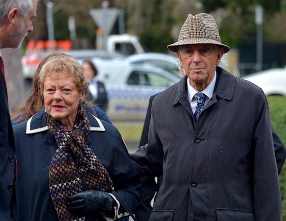 Former Victorian premier John Cain with wife Nancye  arrive at Former Victorian premier Joan Kirner's funeral at Williamstown town hall. 2015.