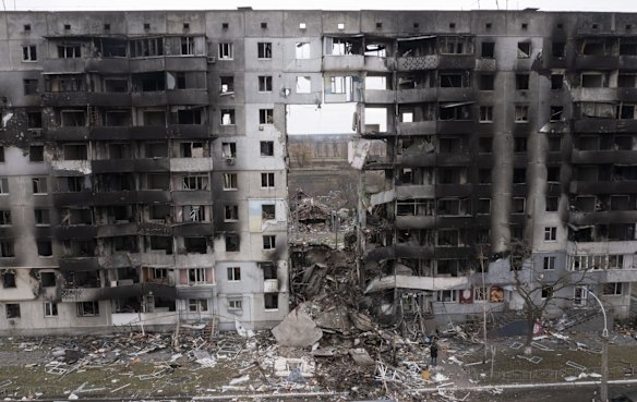 A apartment building in the centre of Borodyanka, near Kyiv, was almost destroyed in the Russian onslaught. Two hundred people are feared to have been killed and buried in the rubble.