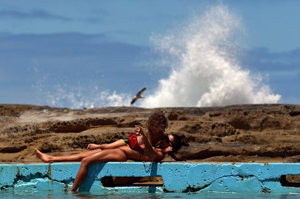 Beachgoers Katya Silva and son Pavel, 6, at Whale Beach in Sydney. Northern beaches are preparing for an influx of visitors when lockdown ends.