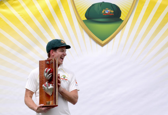 Finally: After months of torment, Tim Paine was able to pick up a trophy after a series win as captain.