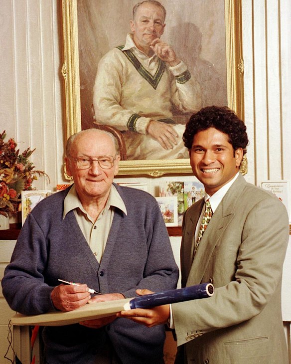 1998. Sir Donald Bradman, celebrating his 90th birthday, is greeted by Sachin. Bradman famously said that Tendulkar reminded him of himself.