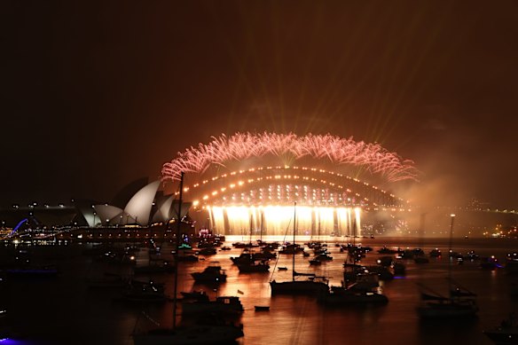 The New Years Eve Fireworks in Sydney Harbour as seen from Mrs Macquaries Point in Sydney at midnight, Jan 1, 2021. Bring on the New Year!