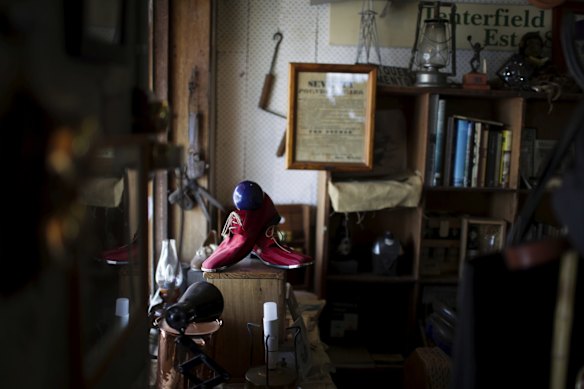 Australian musician Peter Allen's red shoes at the window of the Tenterfield Saddler. 