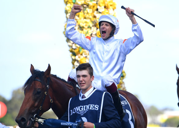 Hugh Bowman roars in triumph as he returns on Farnan.