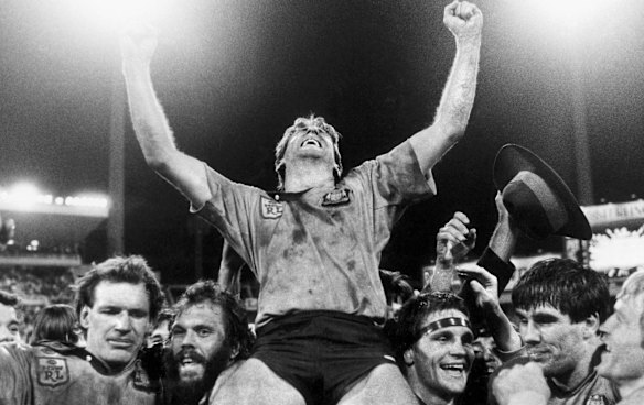 NSW Captain Steve Mortimer and teamates L to R Peter Wynn, Noel Cleal, Wayne Pearce, Pat Jarvis and Garry Jack celebrate NSWs first ever State of Origin Series win over QLD with a 21-14 result in game two at the SCG on Jun 11, 1985.