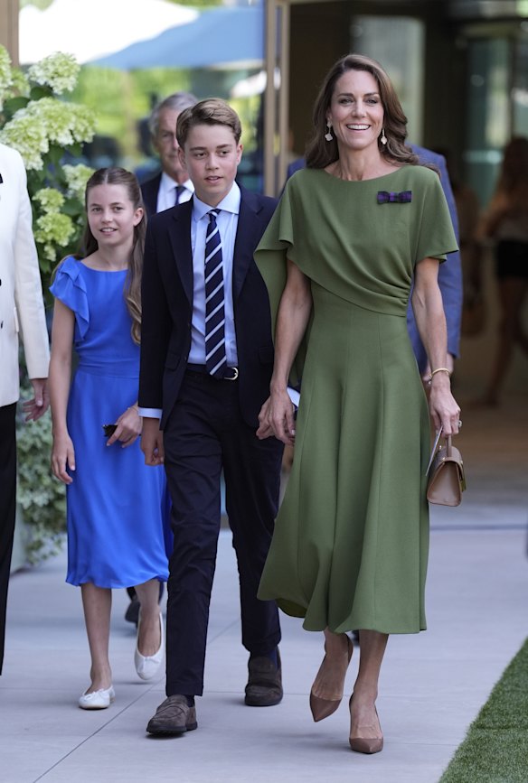 Catherine, Princess of Wales, in Emilia Wickstead with Princess Charlotte and Prince George at Wimbledon.