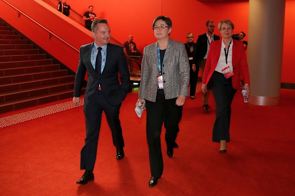 Shadow Treasurer Chris Bowen, Senator Penny Wong and Deputy Opposition Leader Tanya Plibersek.