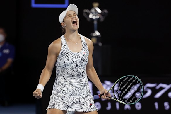 Ash Barty of Australia celebrates after defeating Danielle Collins of the US in the women's singles final at the Australian Open tennis championships, in Melbourne. January 29, 2022.