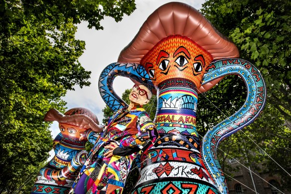 Jenny Kee with giant Sydney Festival inflatables called “The Aunties” and are part of Sydney Festival.