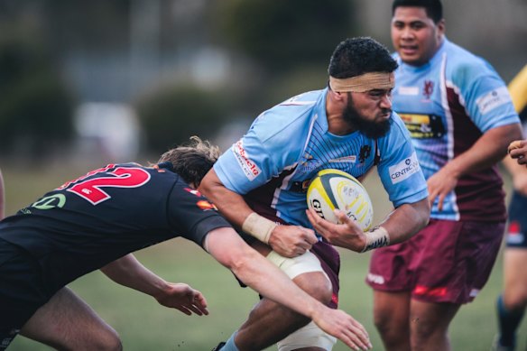 John I Dent Cup rugby union: Wests v Gungahlin. Gungahlin's James Dargaville tackles West's Kawa Leauma