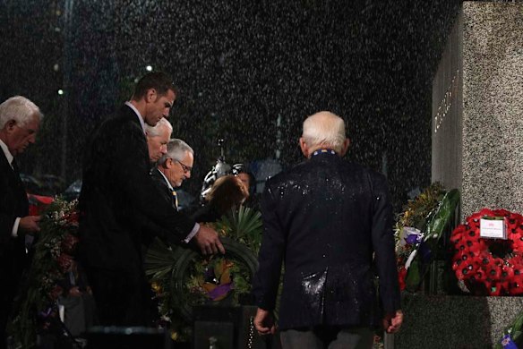 VC winner Ben Roberts-Smith lays a wreath at the ANZAC Day Dawn Service at the Martin Place Cenotaph in Sydney.