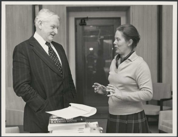 Gay Davidson, first woman bureau chief in the Federal Parliamentary Press Gallery, interviewing Frank Crean in his office, Parliament House, Canberra, 1975