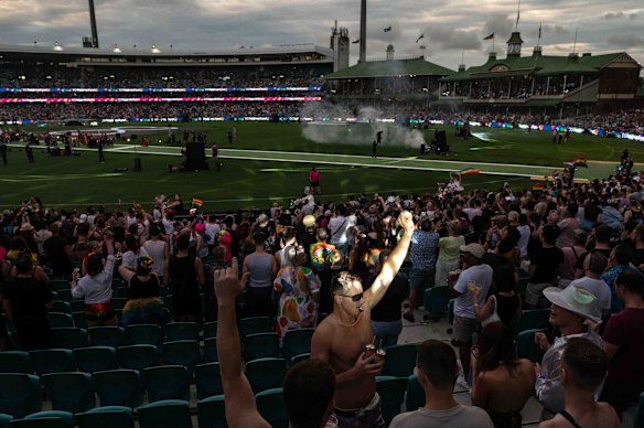 Participants march in the annual Gay and Lesbian Mardi Gras parade at the Sydney Cricket ground. 