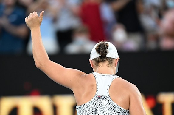 Thumbs up as Barty acknowledges a well won point by her opponent Jessica Pegula at the Australian Open 2022.