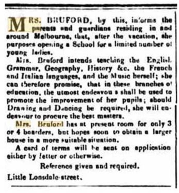 An advertisement from Port Phillip Gazette in April 1846 referencing Mrs Bruford and her school.