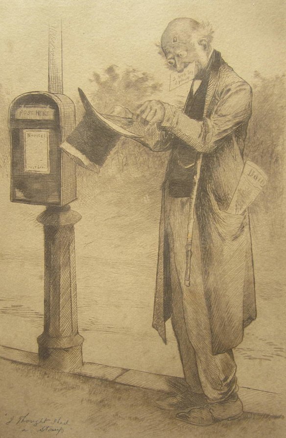 "I thought I had a Stamp" Illustration by Livingston Hopkins, 1880s.