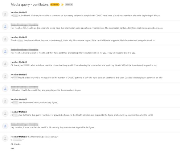 An email chain between a media advisor for the WA Health Minister and journalist Heather McNeill in mid-March regarding ventilator data. 