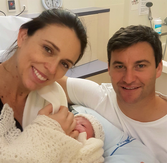 New Zealand Prime MinIster Jacinda Ardern and her partner Clarke Gayford show off their newborn daughter, born in Auckland last Thursday.