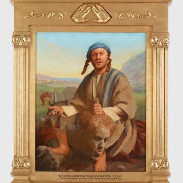 Avraham Vofsi, John Safran as David and Goliath, oil on linen, 125.8 x 100 cm